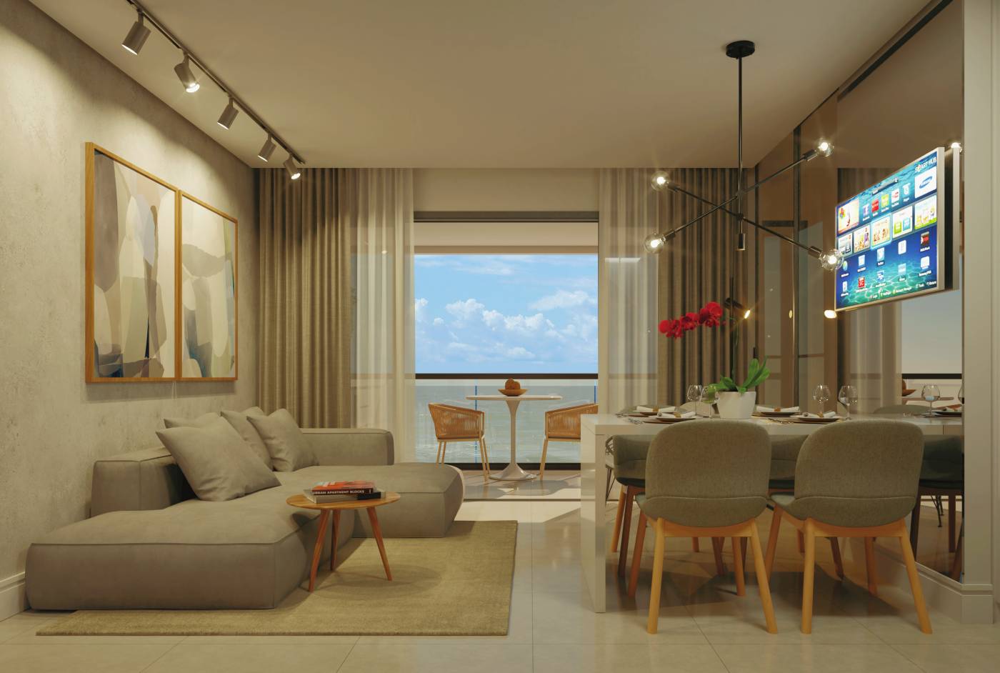 Perspectiva ilustrada do living planta tipo C