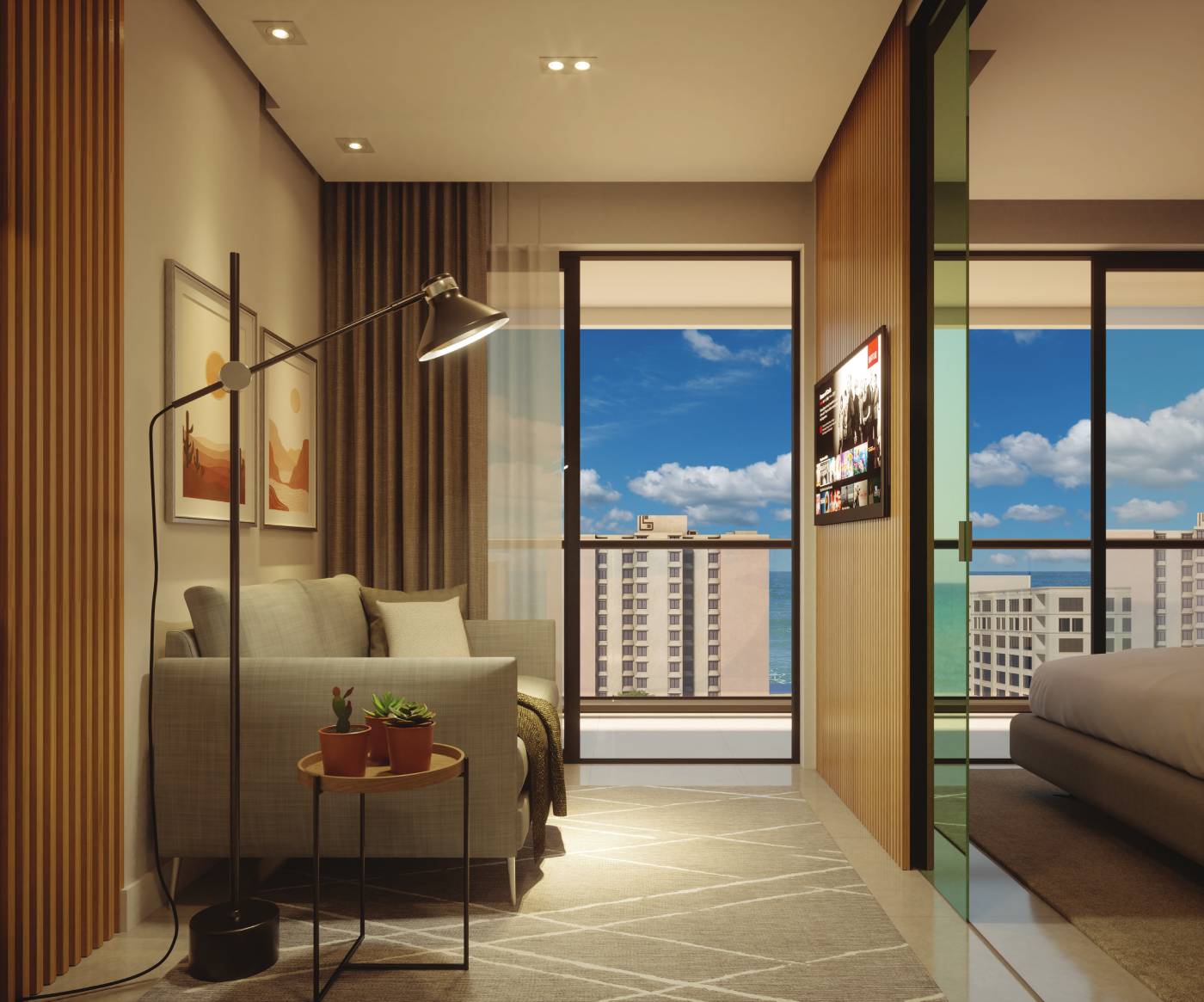 Perspectiva ilustrada do living plantas tipo A e B