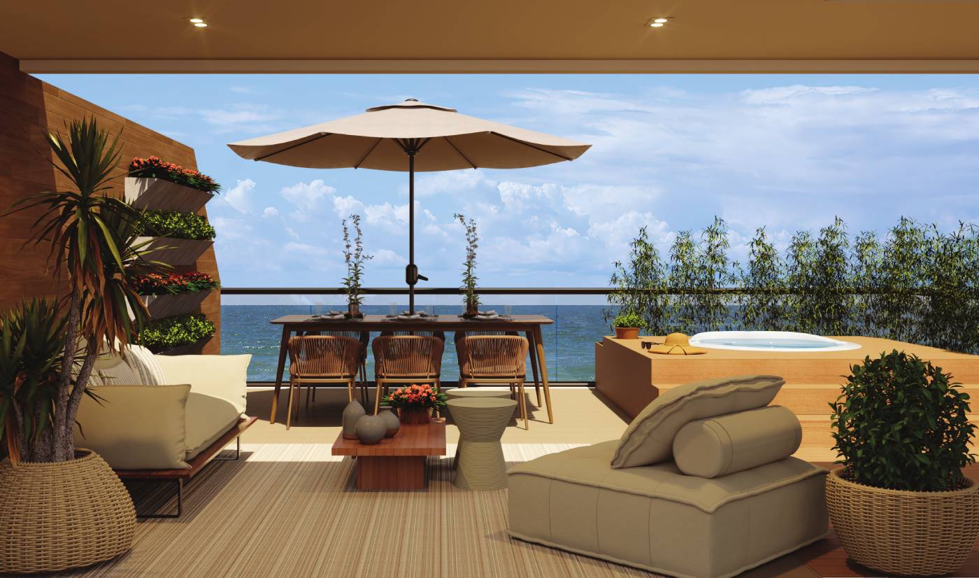 Perspectiva ilustrada do terraço da planta tipo F